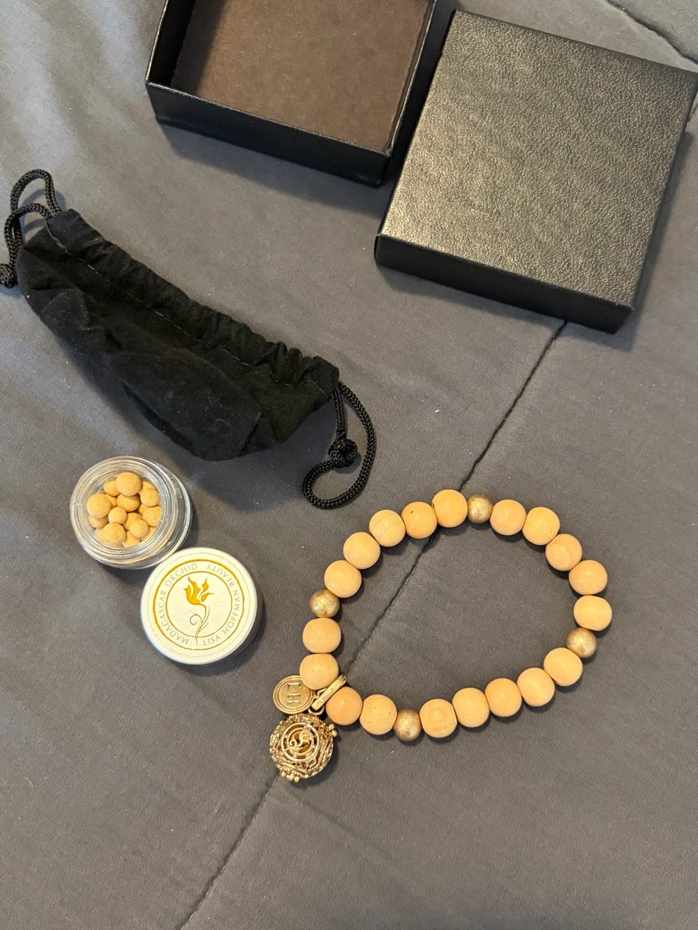 Natural Wood Bead Stretch Bracelet with Gold Charm for Essential Oils
